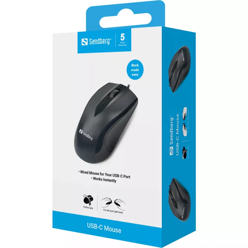 Sandberg USB-C myš, obojručná, optická, USB Type-C, 1200 DPI, čierna