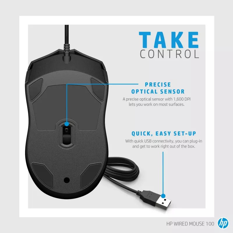 HP Káblová myš 100, obojručná, optická, USB Type-A, 1600 DPI, čierna
