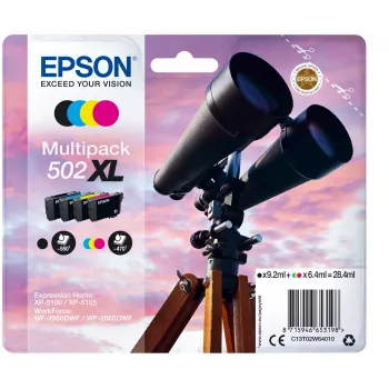 Epson Multipack 4 farieb 502XL atrament, vysoká (XL) výdrž, čierna, azúrová, purpurová, žltá, pigmentový atrament, farbivo atrament, 9,2 ml, 6,4 ml