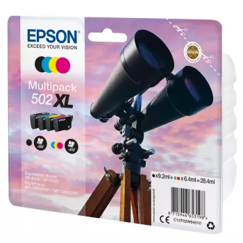 Epson Multipack 4 farieb 502XL atrament, vysoká (XL) výdrž, čierna, azúrová, purpurová, žltá, pigmentový atrament, farbivo atrament, 9,2 ml, 6,4 ml