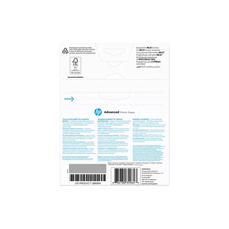 HP Q8696A Advanced Glossy fotopapier lesklý bez okrajov, 250 g/m², 13 x 18 cm (130 x 180 mm), 25 listov