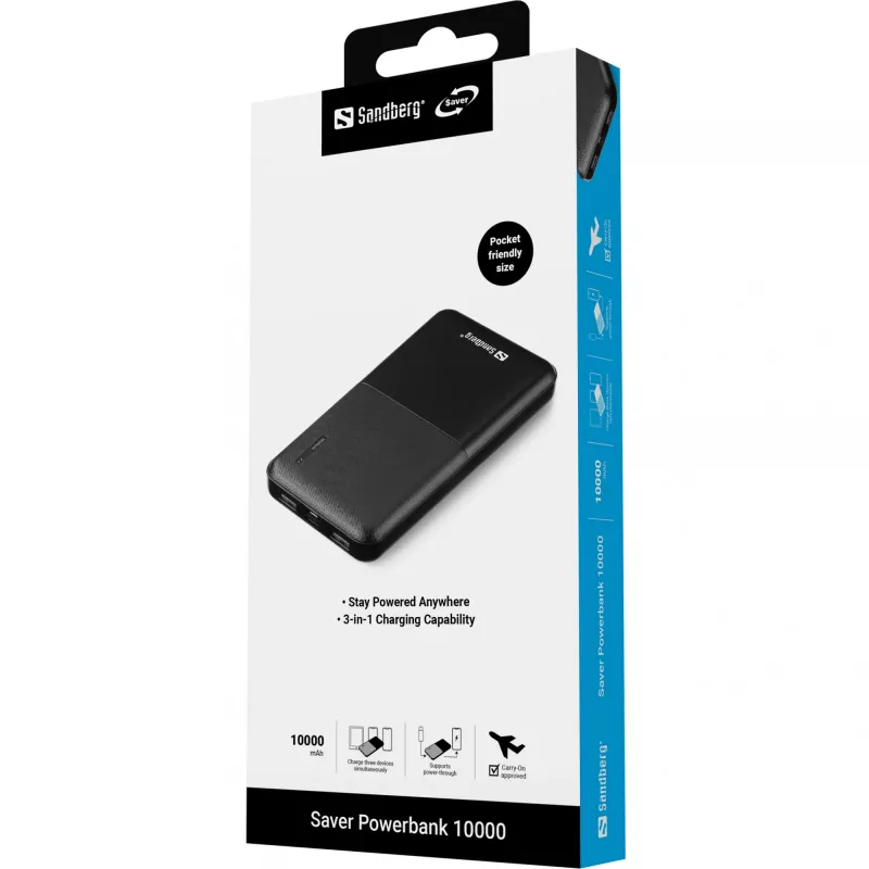 Sandberg Saver Powerbank 10000, 10000 mAh, lítium-polymérová (LiPo), čierna