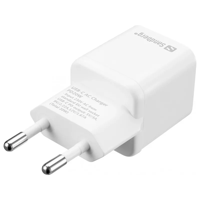Sandberg USB-C AC nabíjačka PD20W EU, interiérová, AC, 5 V, 3 A, biela
