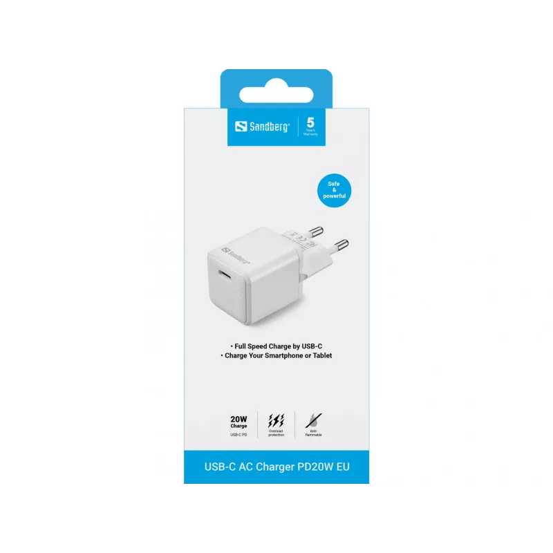 Sandberg USB-C AC nabíjačka PD20W EU, interiérová, AC, 5 V, 3 A, biela