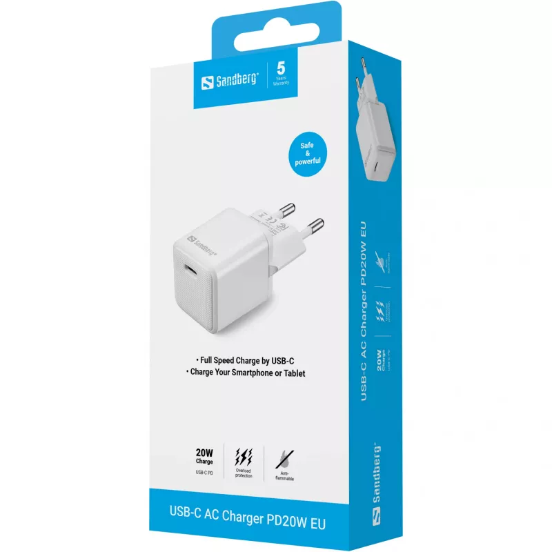 Sandberg USB-C AC nabíjačka PD20W EU, interiérová, AC, 5 V, 3 A, biela