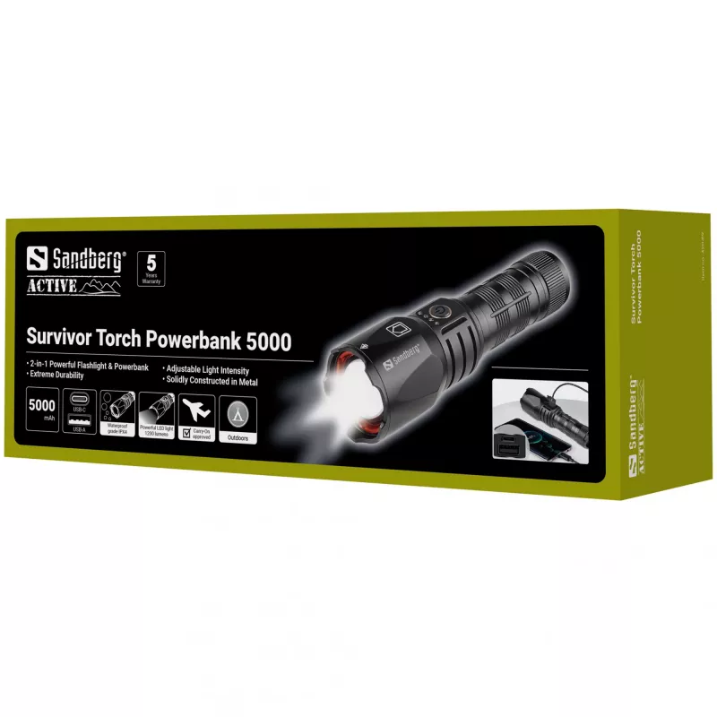 Sandberg Survivor Torch Powerbank 5000, ručná baterka, čierna, hliník, IPX4, -30 – 40 °C, FCC, RoHS, UKCA, CE