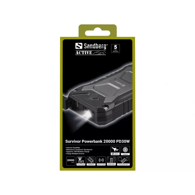 Sandberg Survivor Powerbank 20000 PD30W, 20000 mAh, bezdrôtové nabíjanie, čierna