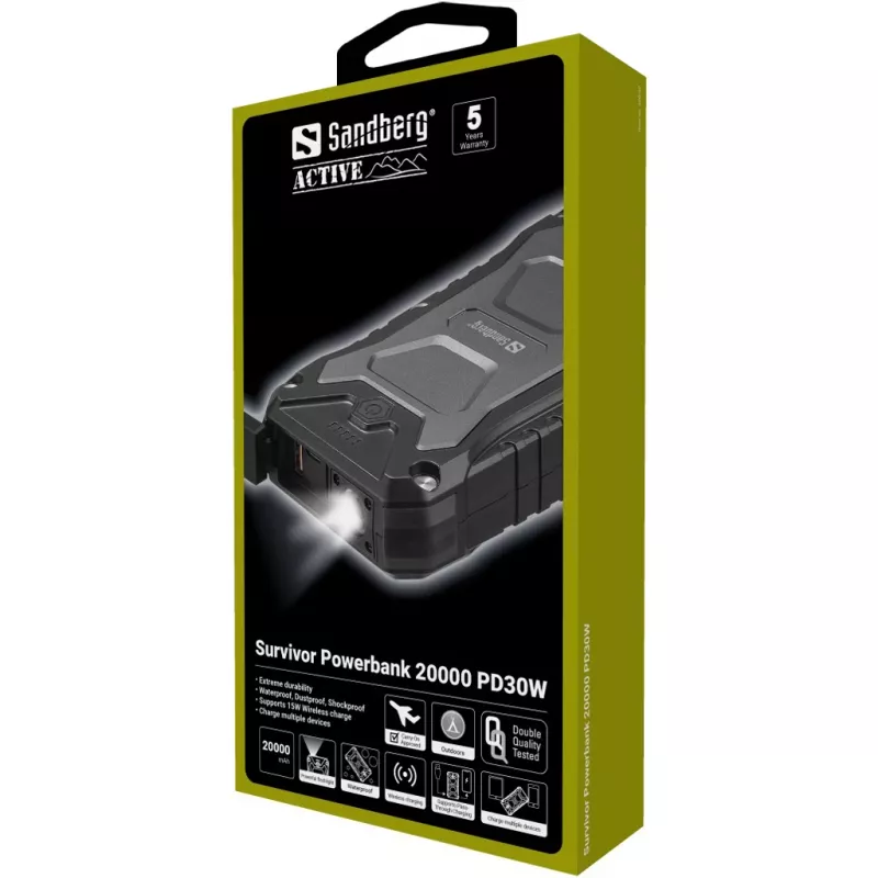 Sandberg Survivor Powerbank 20000 PD30W, 20000 mAh, bezdrôtové nabíjanie, čierna