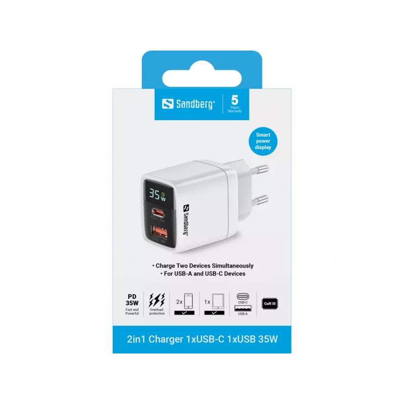 Nabíjačka Sandberg 2in1 1xUSB-C 1xUSB 35W interiérová AC univerzálna
