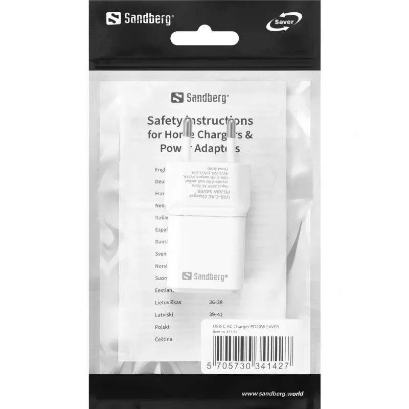 Sandberg USB-C AC nabíjačka PD20W SAVER, interiérová, AC, 12 V, 3 A, biela