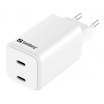 Sandberg AC nabíjačka Dual USB-C PD65W EU, interiérová, AC, 20 V, 3,25 A, biela