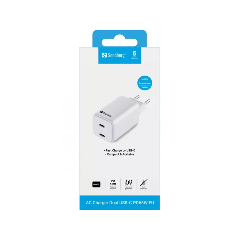 Sandberg AC nabíjačka Dual USB-C PD65W EU, interiérová, AC, 20 V, 3,25 A, biela