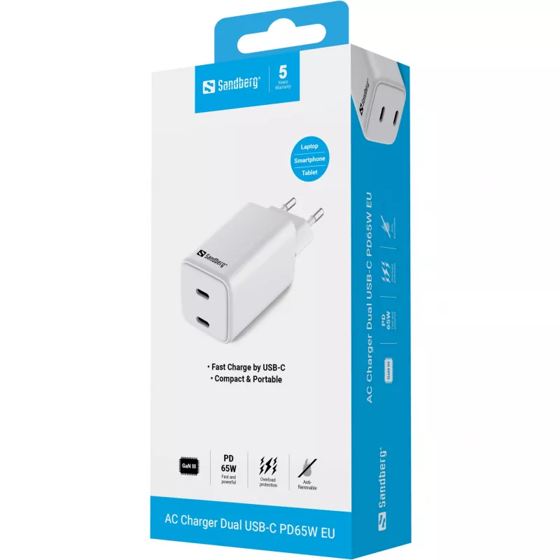 Sandberg AC nabíjačka Dual USB-C PD65W EU, interiérová, AC, 20 V, 3,25 A, biela