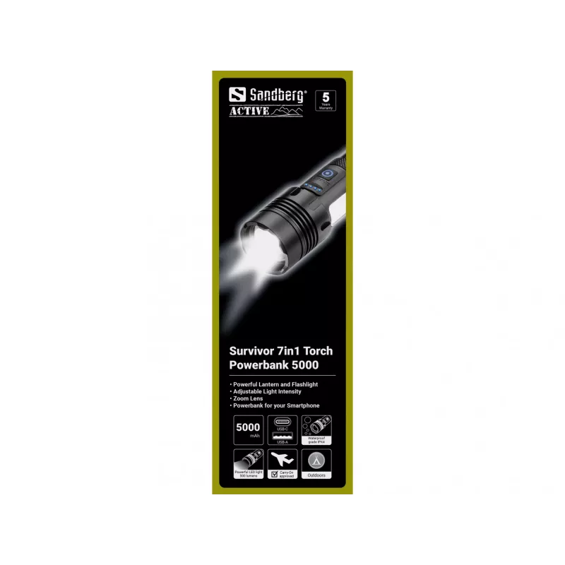 Sandberg Survivor 7in1 Torch Powerbank 5000, ručná baterka, čierna, hliník, LED, 2 lampy, 200 lm