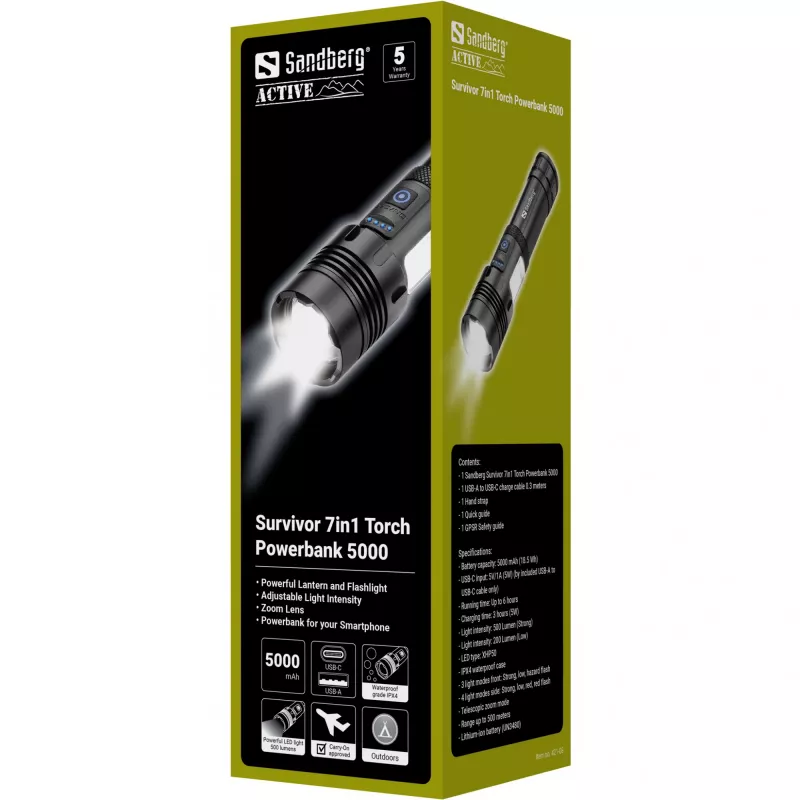 Sandberg Survivor 7in1 Torch Powerbank 5000, ručná baterka, čierna, hliník, LED, 2 lampy, 200 lm