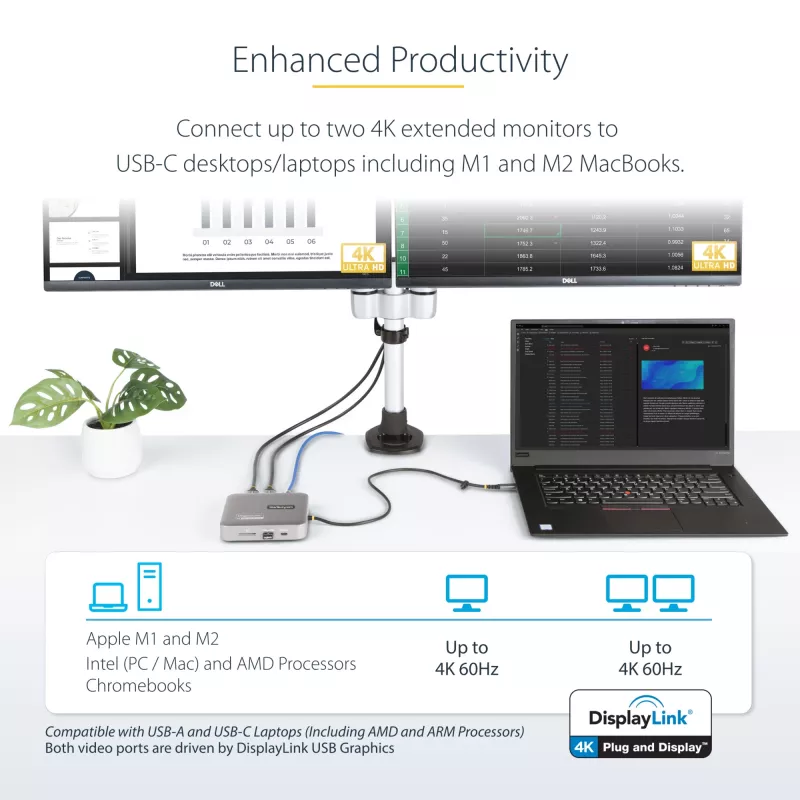StarTech.com USB-C dokovacia stanica, Dual 4K 60Hz HDMI, kompatibilná s Macbook Pro (M1/M2/M3/M4) a Windows, USB-A/USB-C 10Gbps hub, 100W Power Delivery, GbE, SD, 56cm kábel