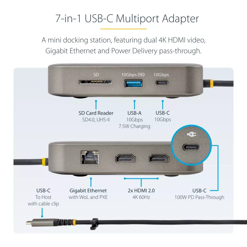 StarTech.com USB-C dokovacia stanica, Dual 4K 60Hz HDMI, kompatibilná s Macbook Pro (M1/M2/M3/M4) a Windows, USB-A/USB-C 10Gbps hub, 100W Power Delivery, GbE, SD, 56cm kábel