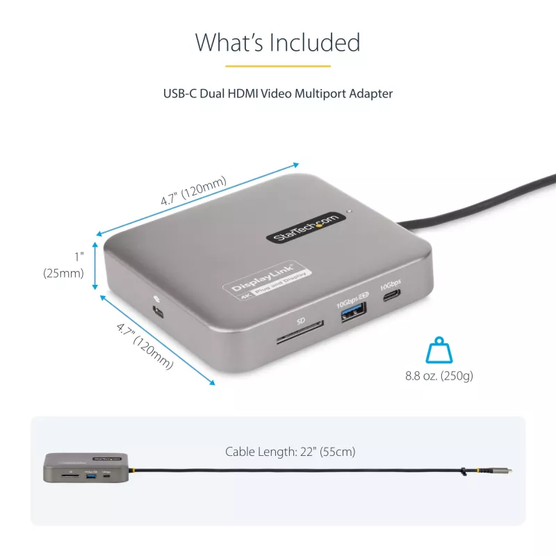 StarTech.com USB-C dokovacia stanica, Dual 4K 60Hz HDMI, kompatibilná s Macbook Pro (M1/M2/M3/M4) a Windows, USB-A/USB-C 10Gbps hub, 100W Power Delivery, GbE, SD, 56cm kábel
