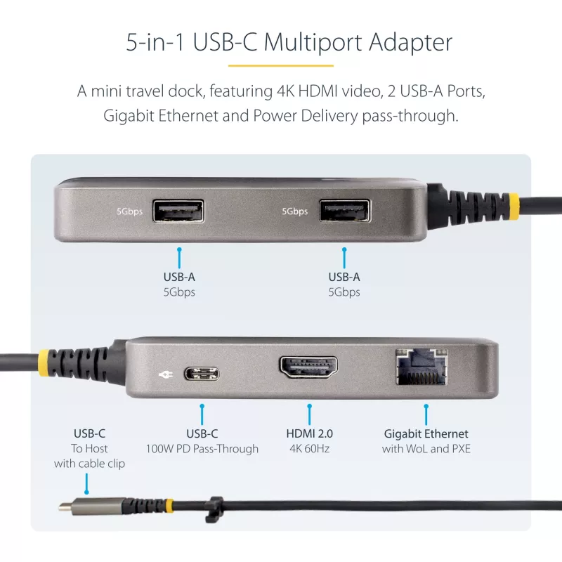 StarTech.com USB-C multiport adaptér – 4K 60Hz HDMI – HDR – 2-portový 5Gbps USB 3.0 hub – 100W Power Delivery Pass-Through – GbE – Works with Chromebook certifikovaný – Windows/macOS