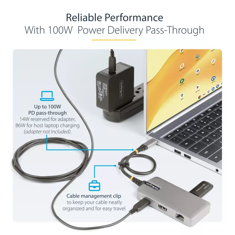 StarTech.com USB-C multiport adaptér – 4K 60Hz HDMI – HDR – 2-portový 5Gbps USB 3.0 hub – 100W Power Delivery Pass-Through – GbE – Works with Chromebook certifikovaný – Windows/macOS