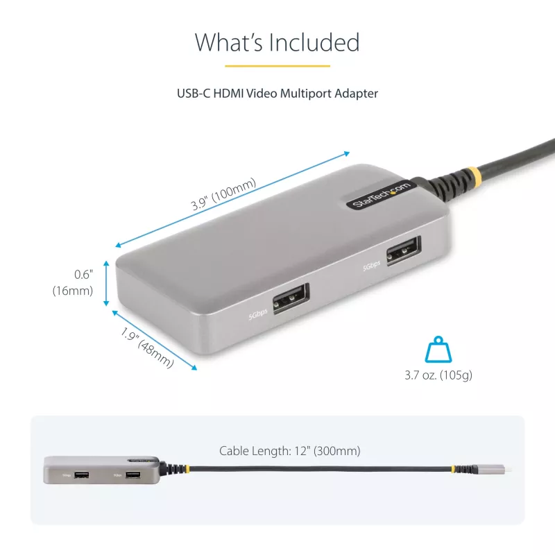 StarTech.com USB-C multiport adaptér – 4K 60Hz HDMI – HDR – 2-portový 5Gbps USB 3.0 hub – 100W Power Delivery Pass-Through – GbE – Works with Chromebook certifikovaný – Windows/macOS
