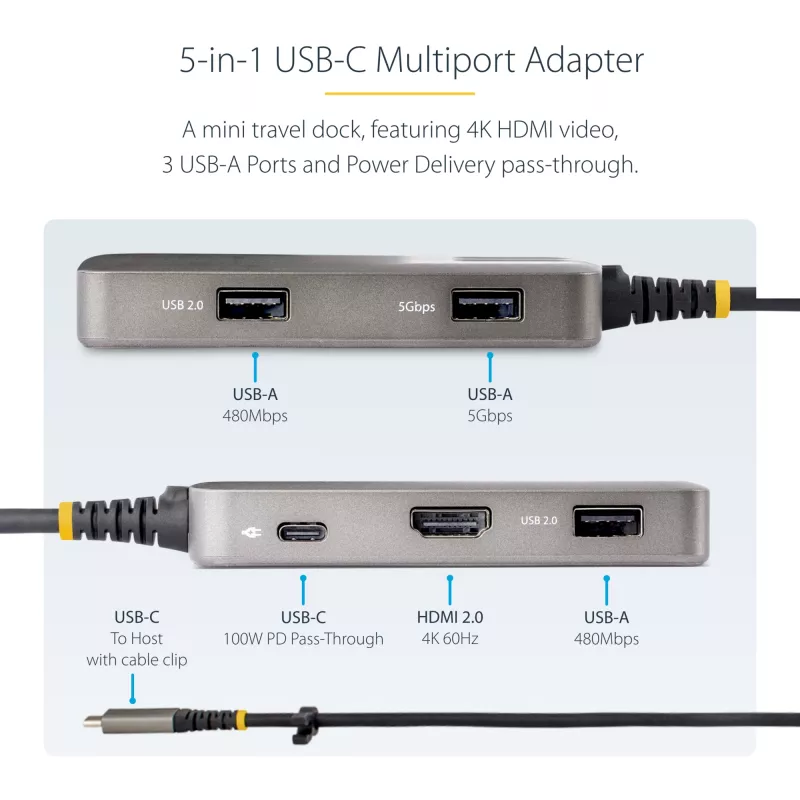 StarTech.com USB-C multiport adaptér - 4K 60Hz HDMI s HDR - 3-portový USB hub - 100W Power Delivery priechodný - Works With Chromebook certifikovaný - Windows/macOS/iPadOS/Android™