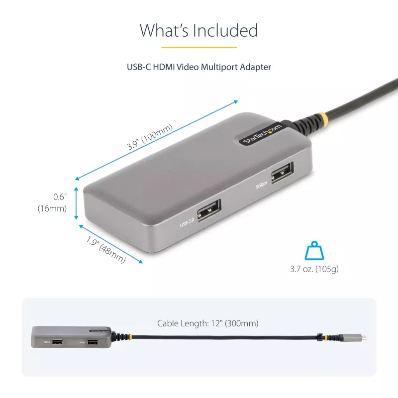StarTech.com USB-C multiport adaptér - 4K 60Hz HDMI s HDR - 3-portový USB hub - 100W Power Delivery priechodný - Works With Chromebook certifikovaný - Windows/macOS/iPadOS/Android™