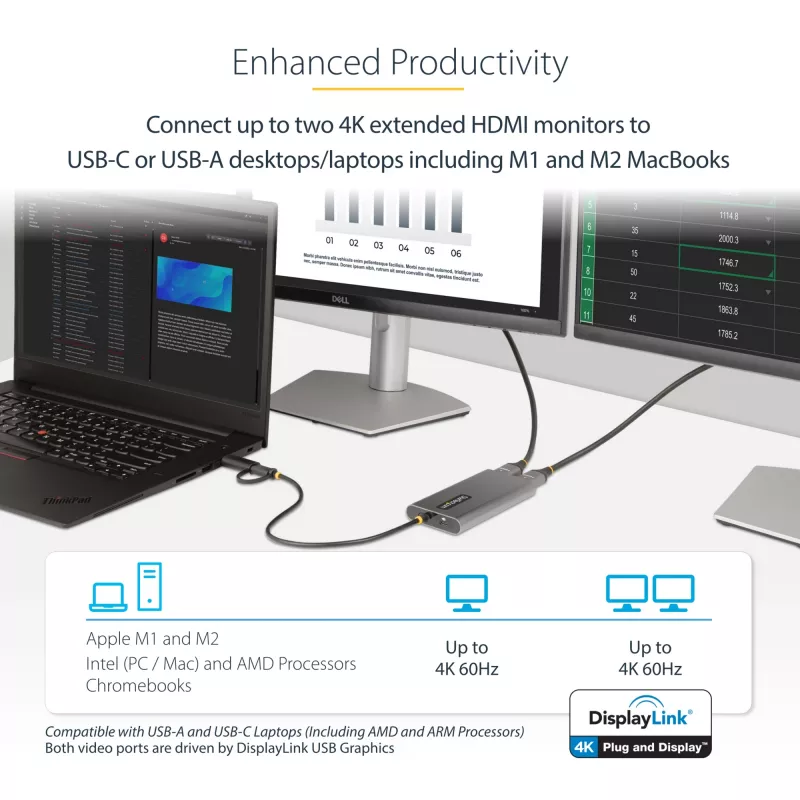 StarTech.com USB-C na Dual-HDMI adaptér – USB-C alebo A na 2x HDMI – 4K 60Hz – 100W Power Delivery Pass-Through – 30 cm (1ft) integrovaný kábel – USB-na-HDMI multi-monitor konvertor pre notebook – TAA