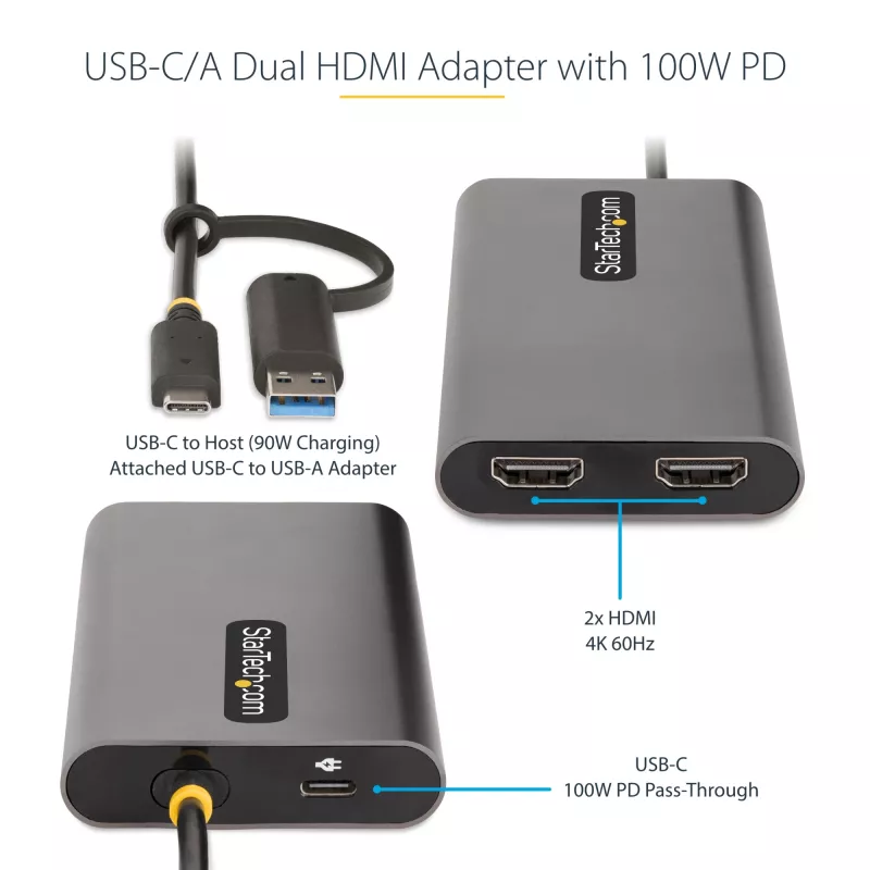 StarTech.com USB-C na Dual-HDMI adaptér – USB-C alebo A na 2x HDMI – 4K 60Hz – 100W Power Delivery Pass-Through – 30 cm (1ft) integrovaný kábel – USB-na-HDMI multi-monitor konvertor pre notebook – TAA