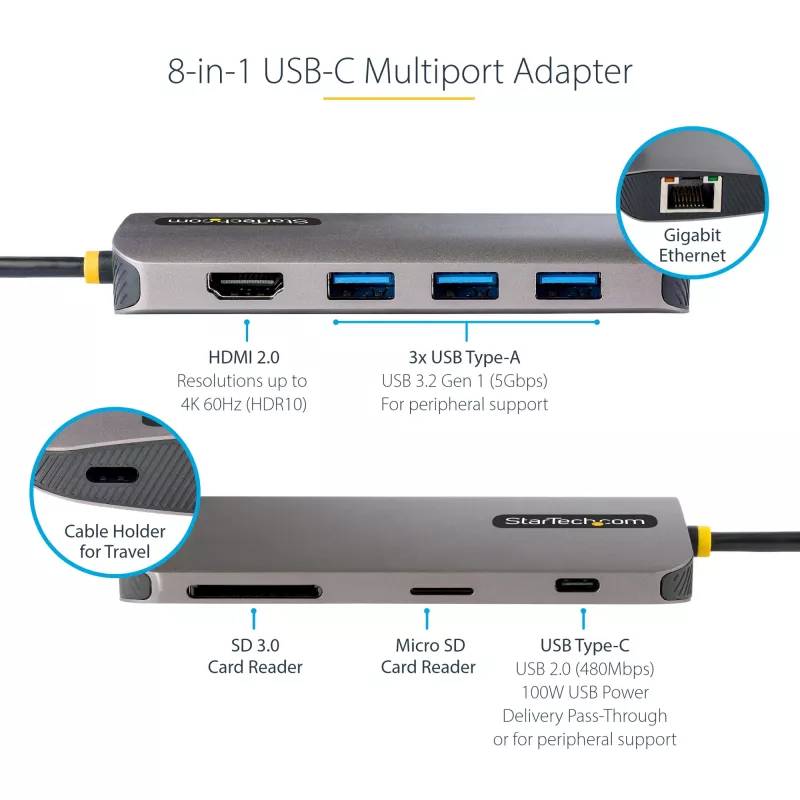 StarTech.com USB-C multiport adaptér – 4K 60Hz HDMI video, 3-portový 5Gbit/s USB-A hub, 100W USB Power Delivery priechodný/GbE/SD/MicroSD, 30cm kábel, prenosná dokovacia stanica pre notebook