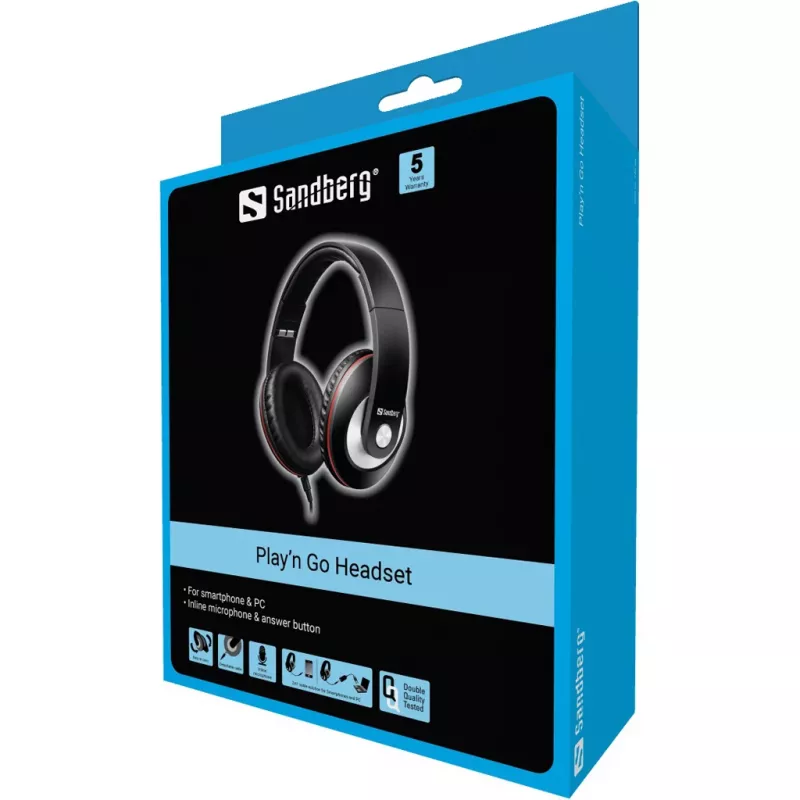 Sandberg Play'n Go headset čierny, káblový, hovory/hudba, 20 - 20000 Hz, 430 g, headset, čierny