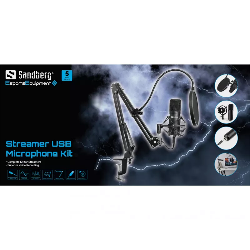 Sandberg Streamer USB Microphone Kit, štúdiový mikrofón, -27 dB, 30 - 16000 Hz, 24 bit, 96 kHz, jednosmerný