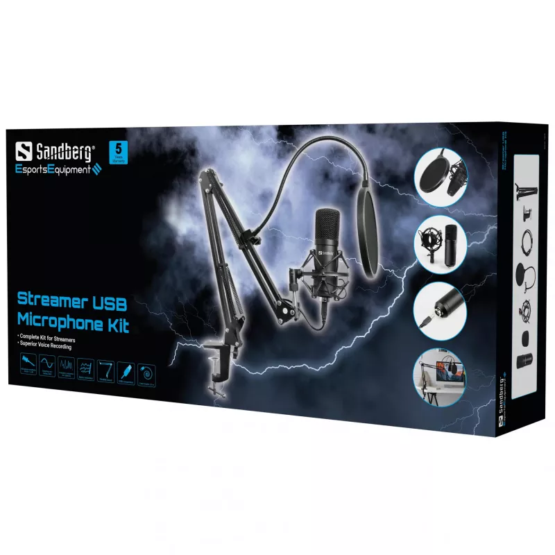 Sandberg Streamer USB Microphone Kit, štúdiový mikrofón, -27 dB, 30 - 16000 Hz, 24 bit, 96 kHz, jednosmerný