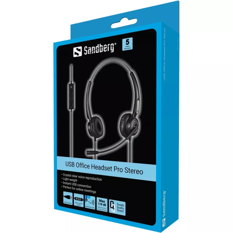 Sandberg USB Office Headset Pro Stereo, káblový, kancelária/call centrum, 20 - 20000 Hz, 115 g, headset, čierny
