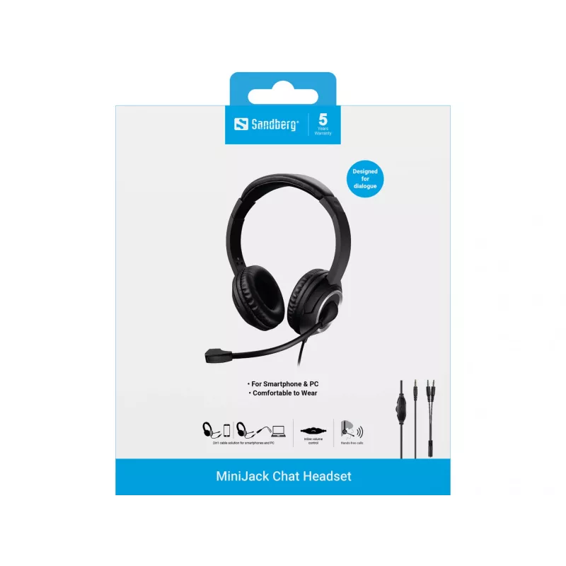 Sandberg MiniJack Chat headset, káblový, hovory/hudba, 20 - 20000 Hz, 180 g, headset, čierny