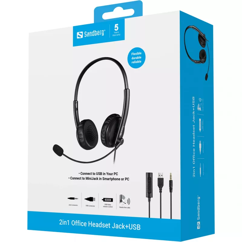 Sandberg 2in1 Office headset Jack+USB, káblový, kancelária/call centrum, 20 - 20000 Hz, 110 g, slúchadlá, čierny