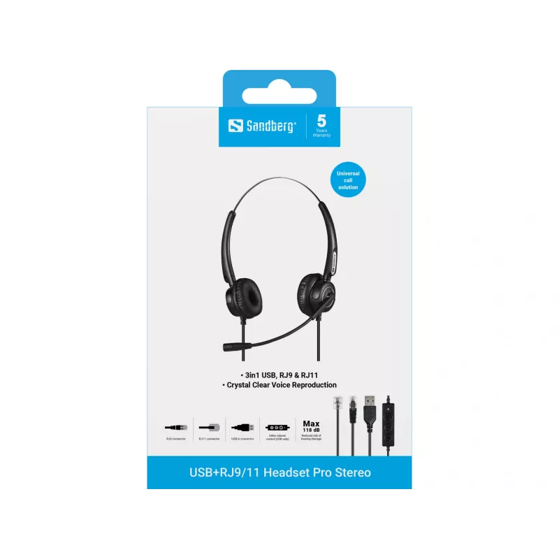 Sandberg USB+RJ9/11 Headset Pro Stereo, káblový, kancelária/call centrum, 20 - 7000 Hz, headset, čierny