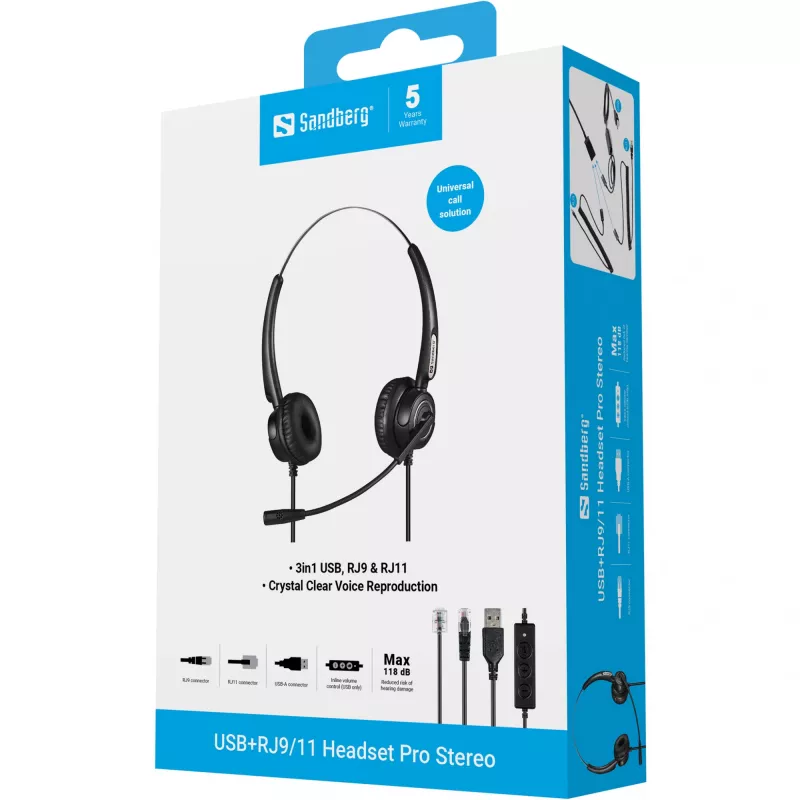 Sandberg USB+RJ9/11 Headset Pro Stereo, káblový, kancelária/call centrum, 20 - 7000 Hz, headset, čierny