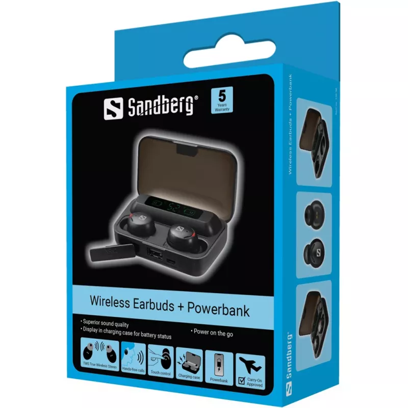 Sandberg Wireless Earbuds + Powerbank, True Wireless Stereo (TWS), 20 - 20000 Hz, hovory/hudba, headset, čierny