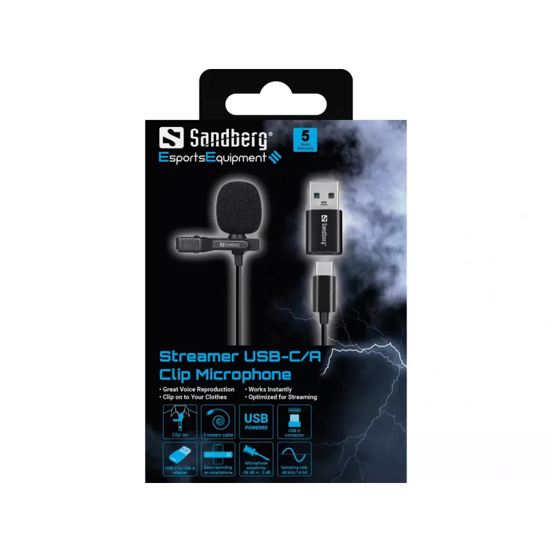 Sandberg Streamer USB Clip mikrofón, lavalier/pripínací mikrofón, -38 dB, 50 - 18000 Hz, 16 bit, 48 kHz, 84 dB