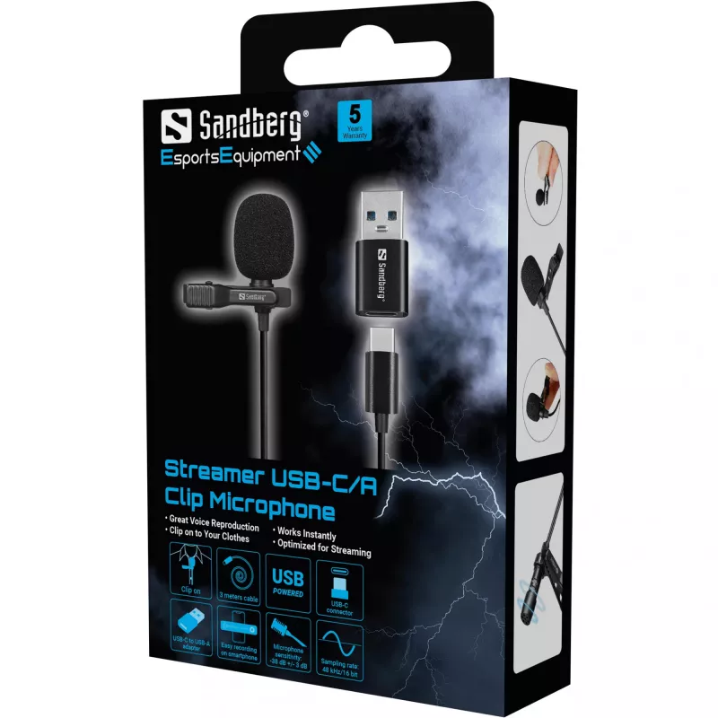 Sandberg Streamer USB Clip mikrofón, lavalier/pripínací mikrofón, -38 dB, 50 - 18000 Hz, 16 bit, 48 kHz, 84 dB