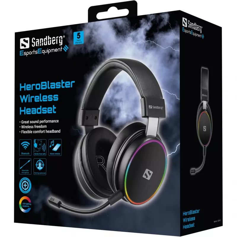 Sandberg HeroBlaster bezdrôtový headset, káblový & bezdrôtový, 20 - 20000 Hz, gaming, 300 g, headset, čierny