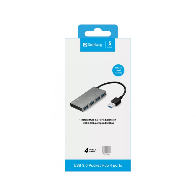 Sandberg USB 3.0 Pocket Hub 4 porty, USB 3.2 Gen 1 (3.1 Gen 1) Type-A, USB 3.2 Gen 1 (3.1 Gen 1) Type-A, 5000 Mbit/s, biely, hliník, RoHS