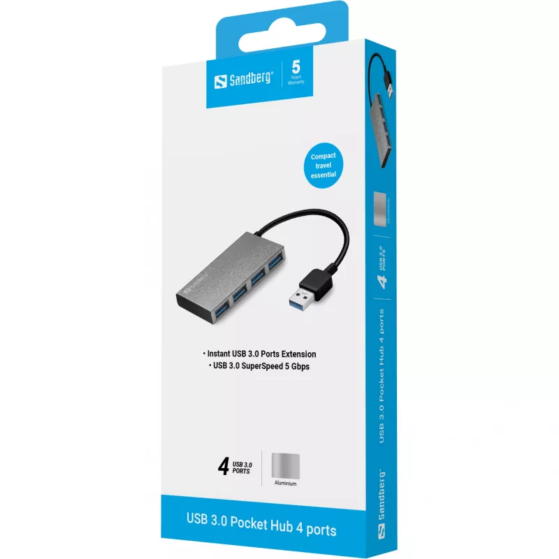 Sandberg USB 3.0 Pocket Hub 4 porty, USB 3.2 Gen 1 (3.1 Gen 1) Type-A, USB 3.2 Gen 1 (3.1 Gen 1) Type-A, 5000 Mbit/s, biely, hliník, RoHS