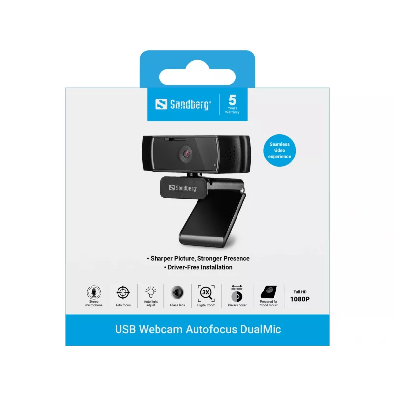Sandberg USB webkamera Autofocus DualMic, 2,07 MP, 1920 x 1080 pixelov, Full HD, 30 fps, 70°, 70°