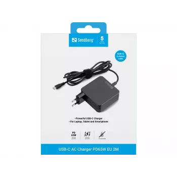 Sandberg USB-C AC nabíjačka PD65W EU 2M, interiér, AC, 20 V, 1 m, čierna