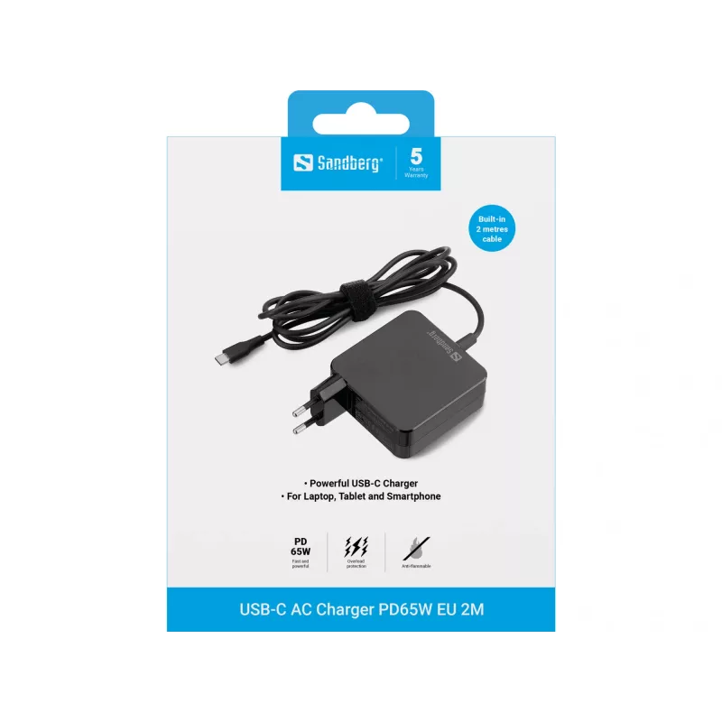 Sandberg USB-C AC nabíjačka PD65W EU 2M, interiér, AC, 20 V, 1 m, čierna