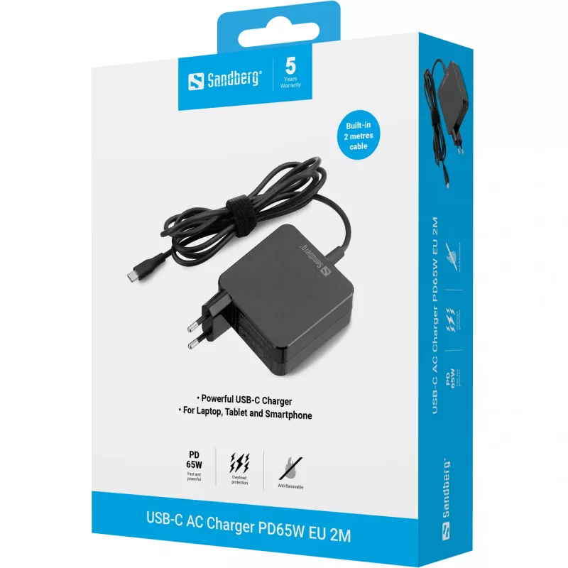Sandberg USB-C AC nabíjačka PD65W EU 2M, interiér, AC, 20 V, 1 m, čierna
