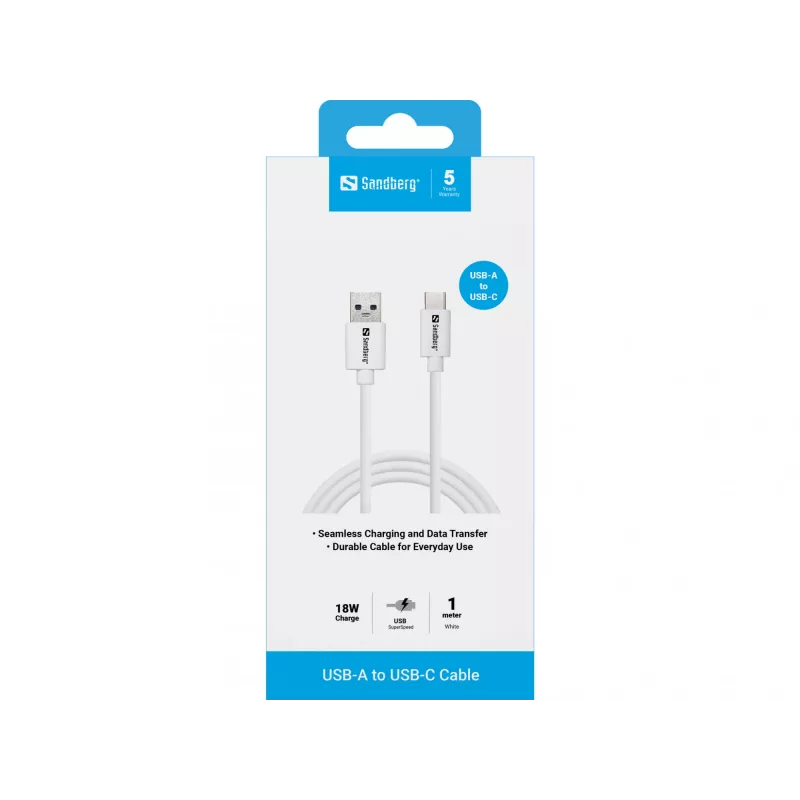 Sandberg USB-C 3.1 USB-A 3.0 1M, 1 m, USB A, USB C, USB 3.2 Gen 1 (3.1 Gen 1), konektor samec/konektor samec, biela