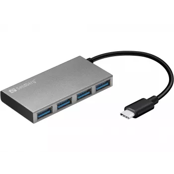 Sandberg USB-C na 4x USB 3.0 Pocket Hub, USB 3.2 Gen 1 (3.1 Gen 1) Type-C, USB 3.2 Gen 1 (3.1 Gen 1) Type-A, biela, hliník, RoHS, Windows 10, Windows 7, Windows 8
